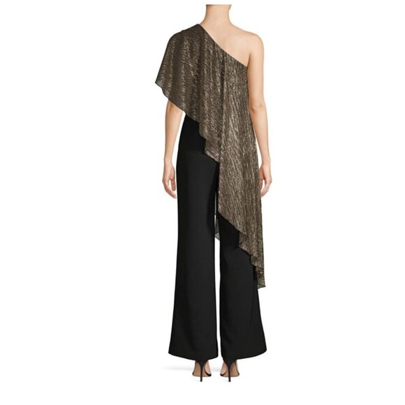 Trina Turk Eastern Luxe Koi Metallic One-Shoulder Jumpsuit Evening Gold Black 12 - Picture 4 of 16